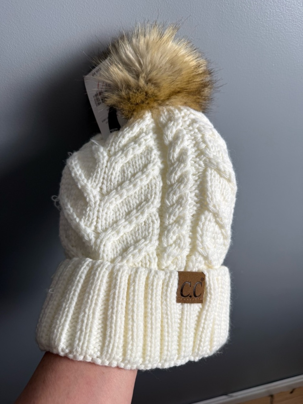 C.C. Lined Cable Knit Pom Pom Hat NWT *Flaw*